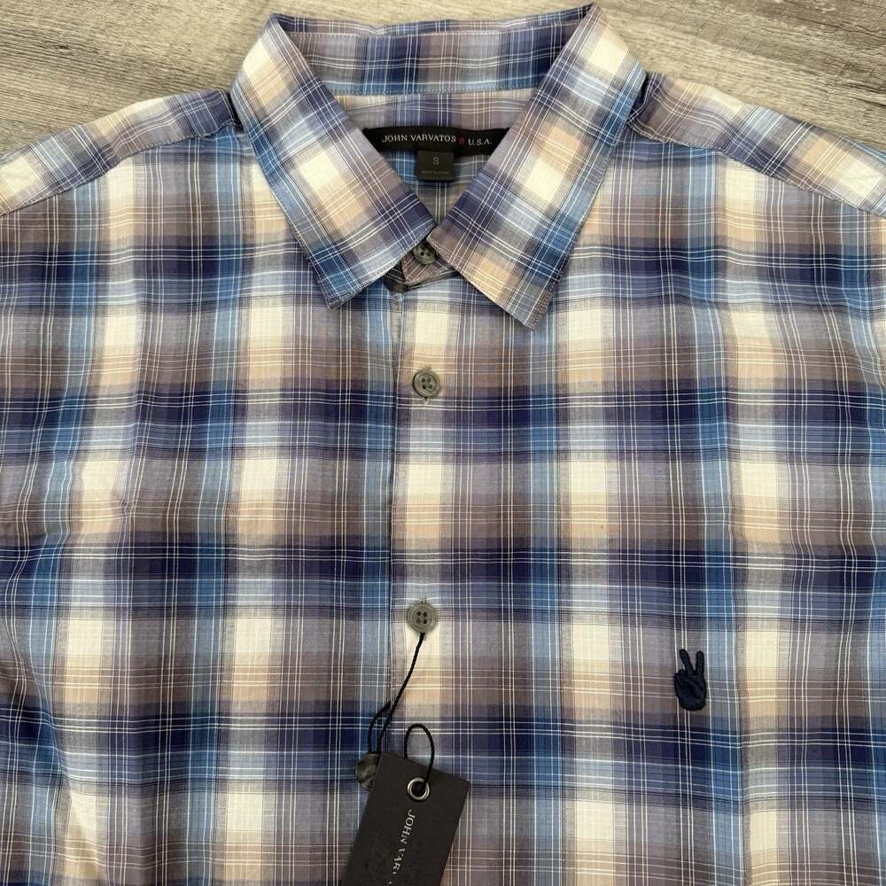 John Varvatos USA Button Up Shirt Mens Small Blue Plaid Peace Logo NEW